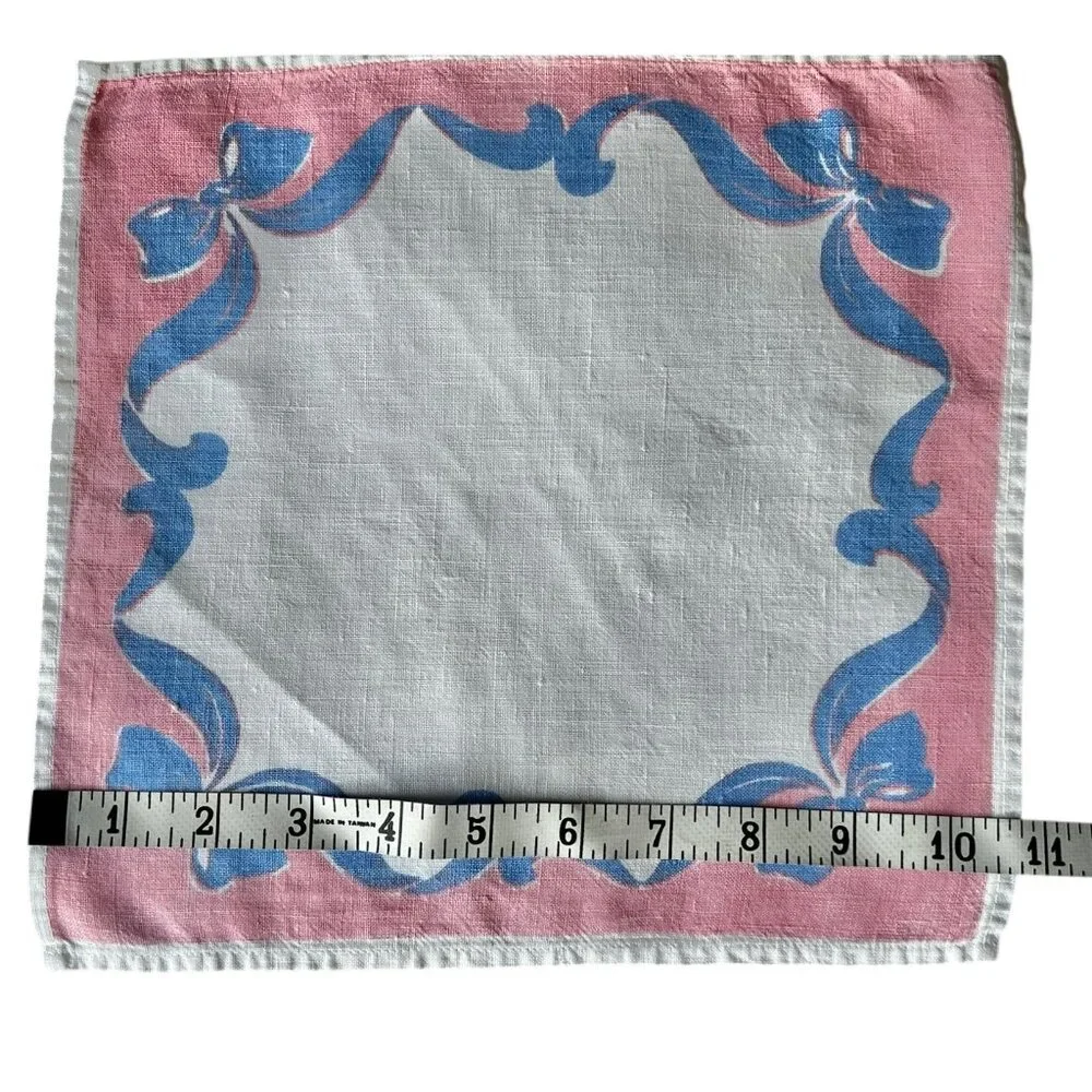 Vintage Pink & Blue Ribbon Motif Linen Napkin 10.125” X 10.75” Replacement
